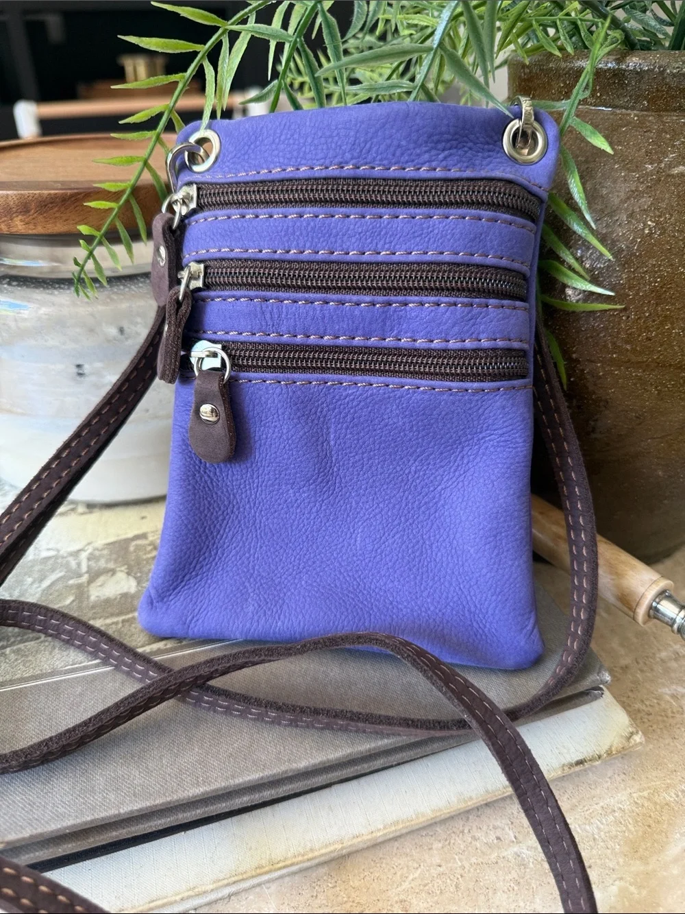 Toscana Leather Crossbody Bag Belt Bag Purple Italy